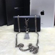 Geantă mică YSL din piele cu lanț și ciucuri, 17 cm, neagră și argintie