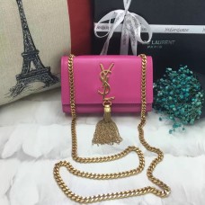 Geantă mică din piele cu lanț și ciucuri YSL, 17 cm, roz aprins