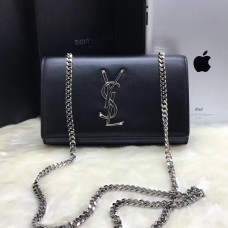 Geantă YSL din piele netedă cu lanț 22cm negru argintiu