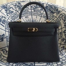 Geantă Hermes Kelly 28cm Togo din piele neagră aurie