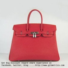 Genți de mână Hermes Birkin 35cm piele de vită cu venă roșii argintii