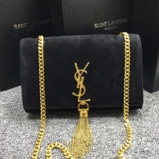 Geantă YSL cu lanț și ciucuri 22 cm, piele întoarsă, neagră