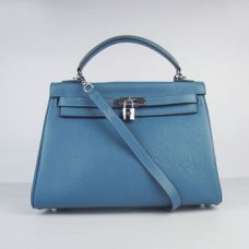 Geantă Hermes Kelly 32cm Togo din piele albastră/argintie
