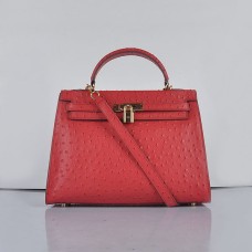 Hermes Kelly 32cm Ostrich Vein 6108 Roșu Auriu