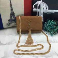 Geantă mică YSL cu lanț și ciucuri 17cm, piele întoarsă, culoare camel