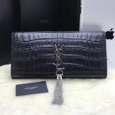 Geantă de mână YSL cu ciucuri 27cm din piele crocodil, negru, argintiu