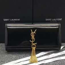 Geantă de mână YSL din piele lăcuită cu ciucuri, 27 cm, neagră