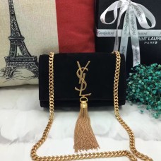 Geantă mică YSL cu lanț și ciucuri 17cm piele întoarsă neagră