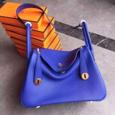 Geantă Hermes Lindy 30cm, albastru electric, auriu