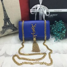 Geantă mică YSL din piele cu lanț și ciucuri, 17 cm, albastră