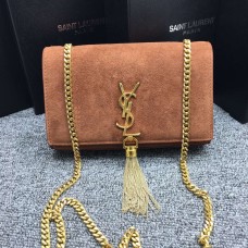 Geantă YSL cu lanț și ciucuri 22 cm, piele întoarsă, maro