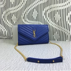Geantă plic YSL cu lanț, piele caviar, albastră, 23 cm
