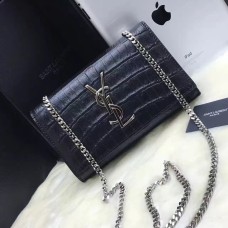 Geantă YSL cu lanț monogram 22cm Crocodil Negru Argintiu