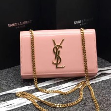 Geantă YSL din piele lăcuită cu lanț, 22 cm, roz