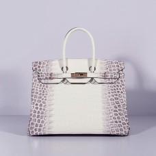 Geantă Hermes Birkin 35cm din piele de crocodil gri alb auriu