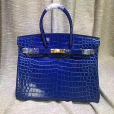 Geantă Hermes Birkin 35cm din piele de crocodil, albastru electric, auriu