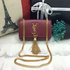Geantă mică din piele cu lanț și ciucuri YSL, 17 cm, vișinie