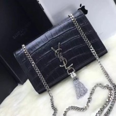 Geantă YSL cu lanț și ciucuri 22cm Crocodil Negru Argintiu
