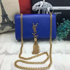 Geantă YSL cu lanț și ciucuri 22 cm, piele netedă, albastru-auriu