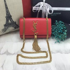 Geantă mică din piele cu lanț și ciucuri YSL 17cm, aurie roșie