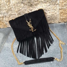 Geantă YSL din piele întoarsă cu ciucuri 22 cm, neagră