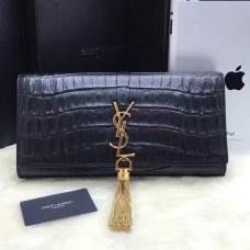 Geantă de mână YSL cu ciucuri, 27 cm, piele croco, negru, auriu