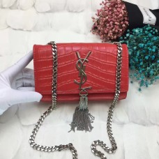 Geantă YSL cu lanț și ciucuri 17cm, culoare croco, roșie și argintie