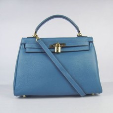 Geantă de mână Hermes Kelly 32cm Togo din piele albastră/aurie