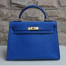 Geantă Hermes Kelly 32cm cu venă de struț, albastră și aurie