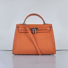 Hermes Kelly 32cm Ostrich Vena 6108 Portocaliu Argintiu