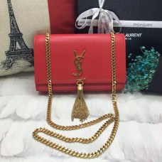 Geantă YSL cu lanț și ciucuri 22 cm din piele netedă, roșu-auriu