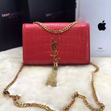 Geantă YSL cu lanț și ciucuri 22cm, culoare croco, roșie și aurie