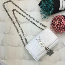 Geantă YSL cu lanț și ciucuri 17cm, culoare croco, alb-argintiu