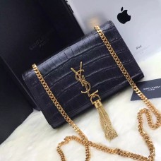 Geantă YSL cu lanț și ciucuri 22cm Crocodil Negru Auriu