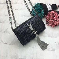 Geantă YSL cu lanț și ciucuri 17cm Crocodil Negru Argintiu