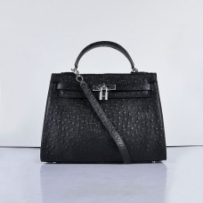 Hermes Kelly 32cm Ostrich Vein 6108 Negru Argintiu